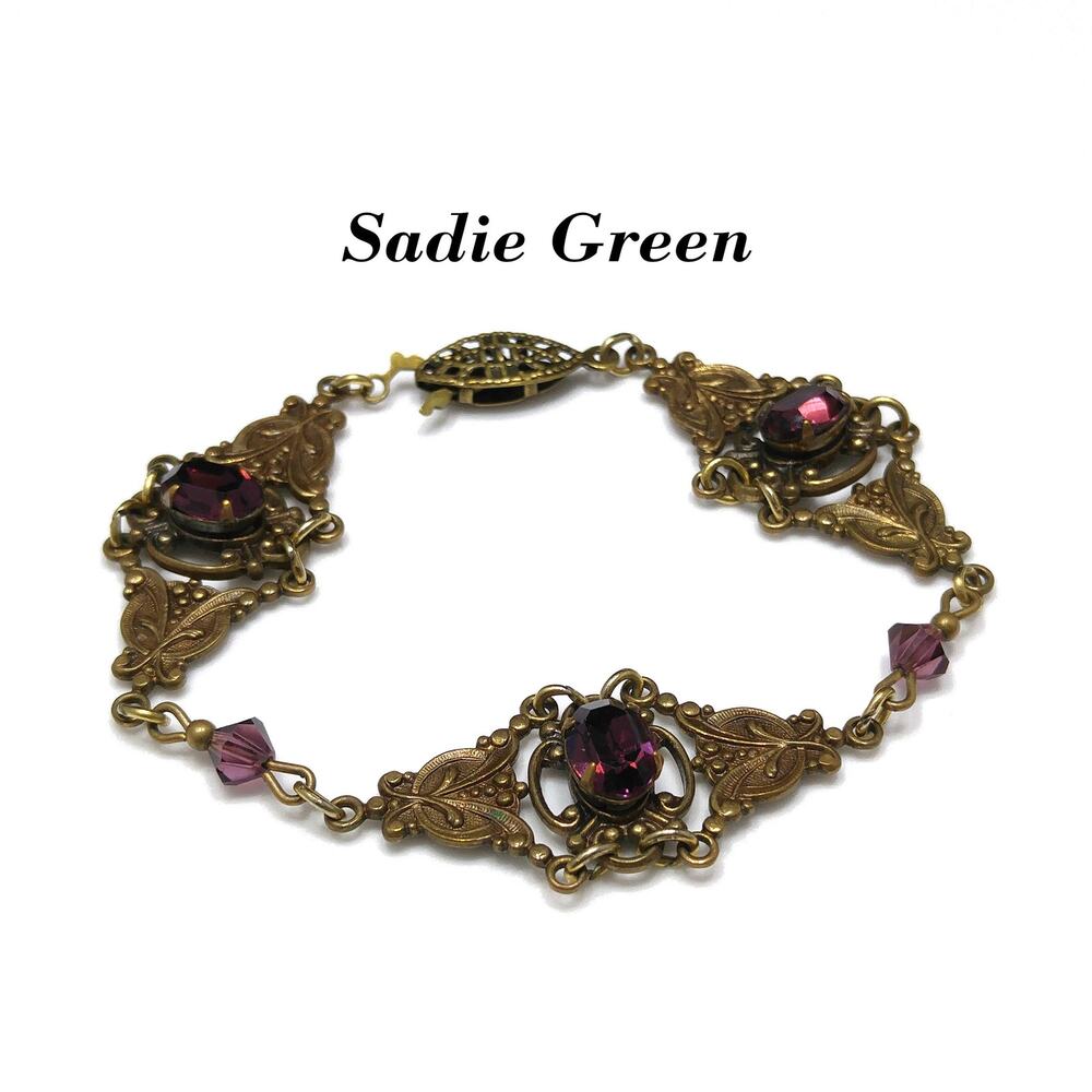 Sadie Green Art Nouveau Purple Bracelet, Golden Brass & Faux Amethyst, 6 3/4"